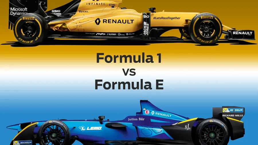 Formula 1 car next to Formula E car side by side comparison